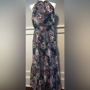 Nina Leonard Floral Halter Maxi Dress - Gray and Pink